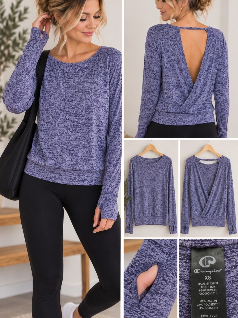 Champion Purple Marled Heather Long Sleeve Open Back Athleisure Top XS